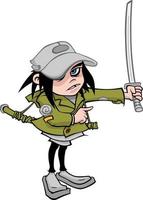 Angry girl with a katana, in military uniform. Vector character in a flat style. Image is isolated from white background. Company character.