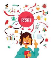 A set of icons on the theme of business processes. Vector. A bright cartoon character with infographics. A man with a tablet and a pencil. Fashionable bright illustration. vector