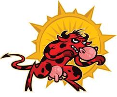 vaca linda de dibujos animados. ilustración de un toro agresivo rojo. imagen de un personaje aislado sobre fondo blanco. mascota animal divertida. la vaca es una matón. el toro es un boxeador. vector