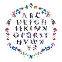 alfabeto inglés en flores y plantas. vector. letras clásicas rodeadas de elementos decorativos. letras latinas para inscripciones. imagen femenina en el alfabeto. felicidades por el 8 de marzo. vector