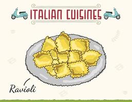 Ravioli steamed pasta in plate. Italian cuisine drawn badge. Italian cuisine. Pasta ravioli. Vector illustration cartoon flat icon isolated on white. Minimal colored isolated vector illustration.