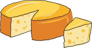 una rebanada de queso italiano con un bloque entero. queso de color plano suizo o emmental aislado en un fondo blanco, ilustración de vector de contorno de queso dibujado a mano.