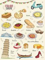 cocina italiana con pizza, lasaña, espagueti, risotto, arrabbiata, queso, panna cotta capuchino. viajes italia estilo garabateado ilustración vectorial aislada. vector