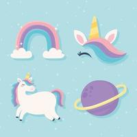 iconos unicornio y arcoiris vector