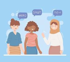 mujeres saludando diferentes idiomas vector