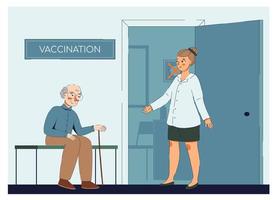 Doctor invites for vaccination an elderly man vector