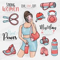 healthy women sticker clip art collections set with girl gym equipment vector