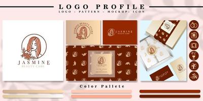 marca de logotipo de cabeza de mujer de belleza con patrón y conjunto de iconos vector