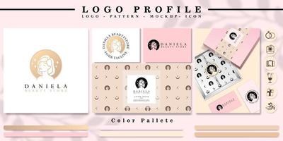 marca de logotipo de cabeza de mujer elegante con patrón y conjunto de iconos vector