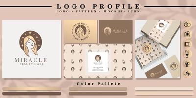 marca de logotipo de cabeza de mujer elegante con patrón y conjunto de iconos vector