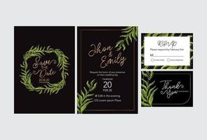 tarjeta de invitación de boda floral, guardar la fecha, gracias, plantilla rsvp. vector