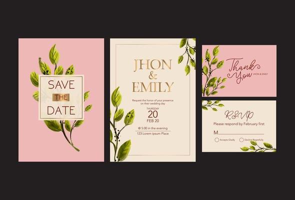 Floral wedding Invitation card, save the date, thank you, rsvp template.