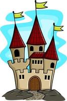 paisaje de cuento de hadas con castillo. torre del palacio de fantasía, casa de hadas fantástica o reino de castillos mágicos vector