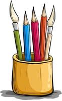Stationery set in a glass, Ballpoint pen, pencil and brush vector illustration