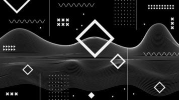 Flat abstract glitched generative art background with neo Memphis geometric composition. Conceptual illustration of high-tech cyberpunk technologies of the future. Wireframe background template vector