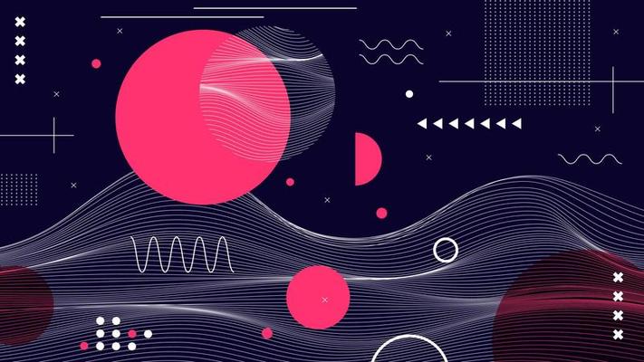 Flat abstract glitched generative art background with neo Memphis geometric composition. Conceptual illustration of high-tech cyberpunk technologies of the future. Wireframe background template