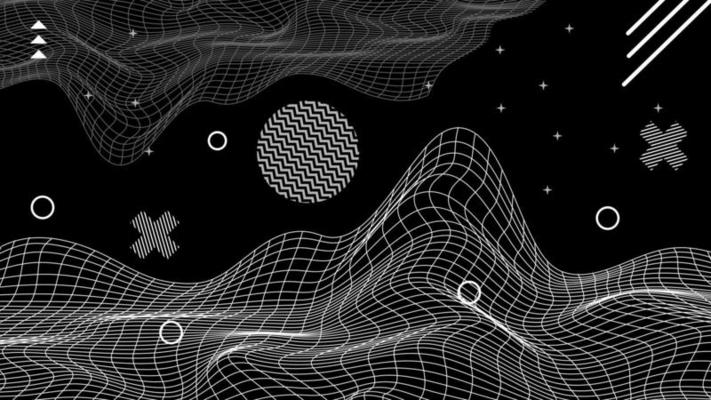 Flat abstract glitched generative art background with neo Memphis geometric composition. Conceptual illustration of high-tech cyberpunk technologies of the future. Wireframe background template