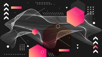 Flat abstract glitched generative art background with neo Memphis geometric composition. Conceptual illustration of high-tech cyberpunk technologies of the future. Wireframe background template vector