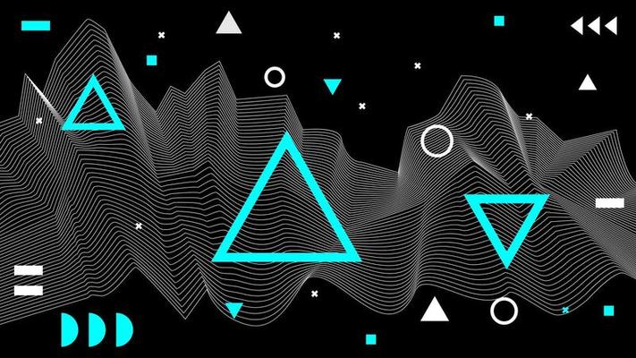 Flat abstract glitched generative art background with neo Memphis geometric composition. Conceptual illustration of high-tech cyberpunk technologies of the future. Wireframe background template