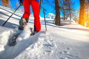 Detail of walking in the snow with snowshoes photo