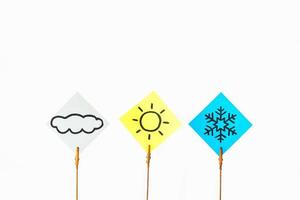 Three notes designed with different weather conditions. Cloud, sun, snowflake photo