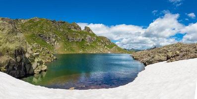 Small mountain lake with snow to the edge photo