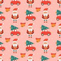 Santa with gift and car with Christmas tree on pink background, vector seamless pattern in flat style