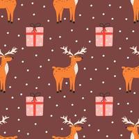 Christmas seamless pattern with deer, gifts and snowflakes in flat style vector