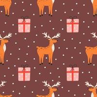 Christmas seamless pattern with deer, gifts and snowflakes in flat style vector