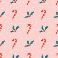 Candy cane and holly berries with snowflakes on pink background, vector seamless Christmas pattern