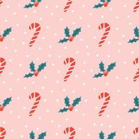 Candy cane and holly berries with snowflakes on pink background, vector seamless Christmas pattern