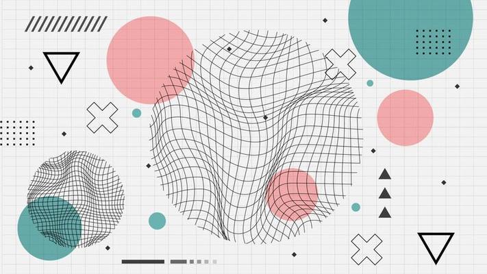 Flat abstract glitched generative art background with neo Memphis geometric composition. Conceptual illustration of high-tech cyberpunk technologies of the future. Wireframe background template