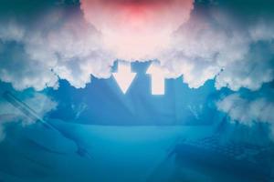 Cloud data storage concept. Double exposure businessman working in office with white cloud and arrow on blue sky background Communication of business and financial. Transfer data to storage. photo