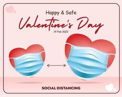 Two cartoon red hearts wearing protective masks. 2 cartoon hearts by keeping a distance to avoid the corona virus omicron, Love during the quarantine period of the covid19 corona virus pandemic. vector