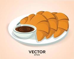 pan, productos de harina, concepto de comida dulce. salsa para acompañar el pan con un delicioso sabor a chocolate. pastelería muffin tratar confitería hombre sacar pan fresco del plato. ilustración de vector de pan