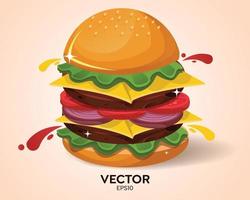 ilustración de dibujos animados de vector de hamburguesa súper sabrosa, comida rápida. comida callejera americana. ilustración vectorial