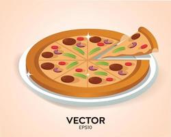 en el plato hay una apetitosa pizza con rodajas de tomate, pimientos, champiñones, aceitunas negras, pepperoni y queso. comida rápida, bocadillos. Ilustración de vector de pizza muy deliciosa