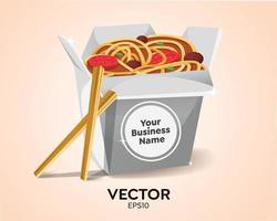 Spaghetti in box, noodles. Takeaway food doodle. Hand drawn vector illustration in flat style.