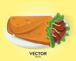 plato de kebabs sabroso, pancarta de kebab, carne enrollada en pan de pita, café de comida rápida, icono del restaurante doner kebab, insignia. ilustración vectorial vector