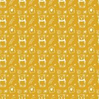Happy birthday party doodle gold and white seamless pattern. Vector illustration with teddy bear and gift card