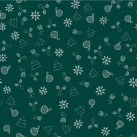 patrón de vector transparente de año nuevo con mitones, adorno de navidad, copo de nieve, conejo, árbol sobre fondo verde