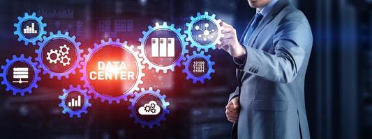 Data center mainframe server hardware infrastructure information communication technology internet concept. Mixed media photo