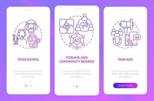 Digital marketing ways purple gradient onboarding mobile app screen. Ads walkthrough 3 steps graphic instructions pages with linear concepts. UI, UX, GUI template. Myriad Pro-Bold, Regular fonts used vector