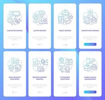 Corporate pc repair blue gradient onboarding mobile app screen set. Walkthrough 4 steps graphic instructions pages with linear concepts. UI, UX, GUI template. Myriad Pro-Bold, Regular fonts used vector