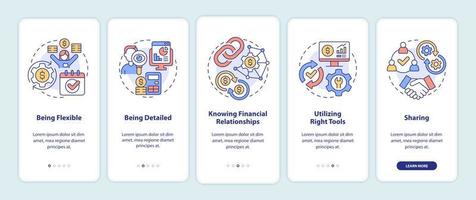 pantalla de la aplicación móvil de incorporación del presupuesto de la empresa. tutorial de proyecto financiero corporativo 5 pasos páginas de instrucciones gráficas con conceptos lineales. interfaz de usuario, ux, plantilla de interfaz gráfica de usuario. innumerables fuentes pro-negrita y regulares utilizadas vector