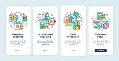 Budgeting types onboarding mobile app screen. Planning approaches walkthrough 4 steps graphic instructions pages with linear concepts. UI, UX, GUI template. Myriad Pro-Bold, Regular fonts used vector