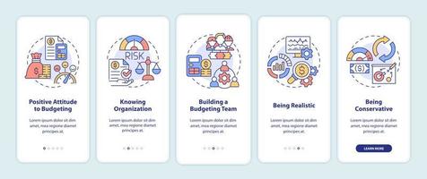 pantalla de aplicación móvil de incorporación de presupuesto. Planificación financiera para el tutorial de negocios Páginas de instrucciones gráficas de 5 pasos con conceptos lineales. interfaz de usuario, ux, plantilla de interfaz gráfica de usuario. innumerables fuentes pro-negrita y regulares utilizadas vector