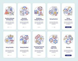Financial business plan onboarding mobile app screen set. Walkthrough 5 steps graphic instructions pages with linear concepts. UI, UX, GUI template. Myriad Pro-Bold, Regular fonts used vector