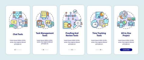 Business tools types onboarding mobile app screen. Chat and time tracking walkthrough 5 steps graphic instructions pages with linear concepts. UI, UX, GUI template. Myriad Pro-Bold, Regular fonts used vector