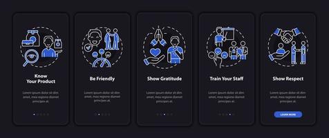 pantalla de la aplicación móvil de incorporación del modo nocturno de servicio al cliente. tutorial 5 pasos páginas de instrucciones gráficas con conceptos lineales. interfaz de usuario, ux, plantilla de interfaz gráfica de usuario. innumerables fuentes pro-negrita y regulares utilizadas vector